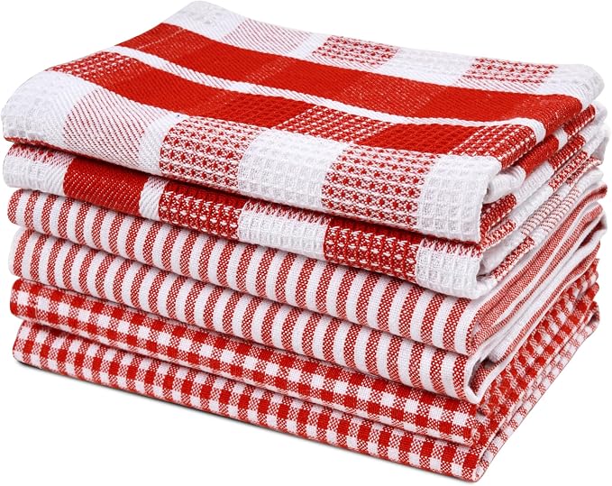 LANE LINEN Cotton Dish Towels for Drying Dishes - 6 Pack Soft Absorbent Kitchen Dish Cloths for Drying Dishes, Multi Purpose Kitchen Towel for Cleaning & Drying, 12"x12" - Christmas Red