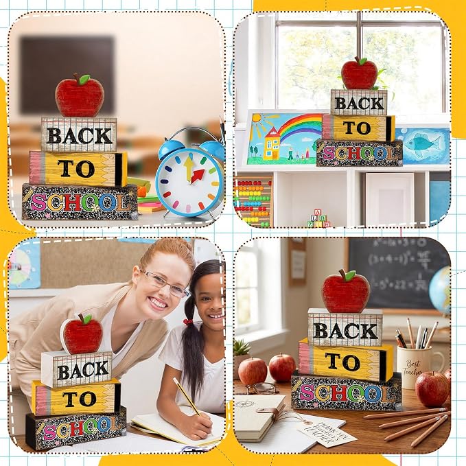 Lineshading 4 Pcs Back to School Table Decor Wooden Apple Blocks Sign | Back To School Tiered Tray Decor Apple Centerpieces Rustic Wood Pencil Block Sign Farmhouse Gifts For Class Party Home Shelf