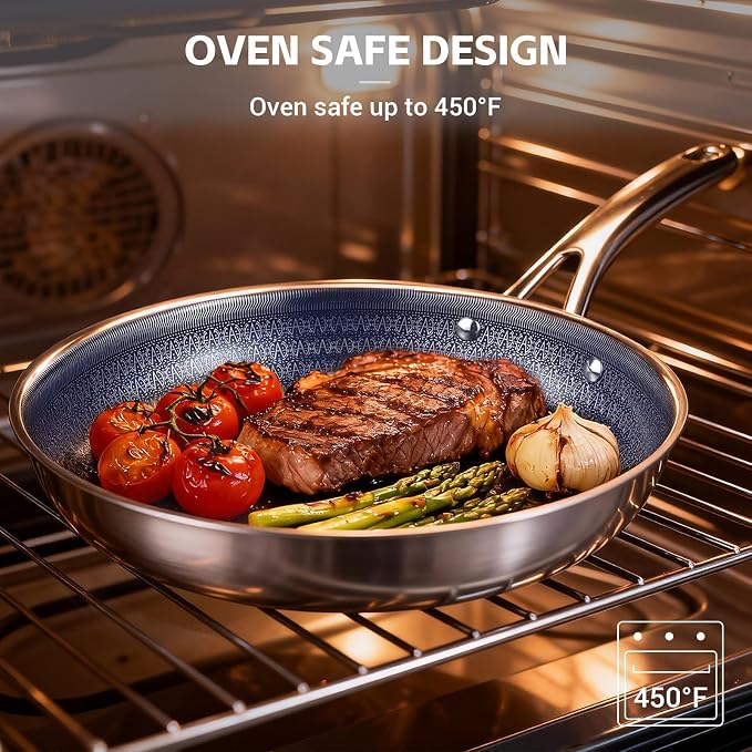 Ammeloo Hybrid Tri-Ply Stainless Steel Frying Pans Set, 8"/9.5"/11" Cooking Pans, Non Stick Frying Pans and Skillets, Chef Pan, Non Toxic, Dishwasher Safe, Induction Compatible, Blue Interior
