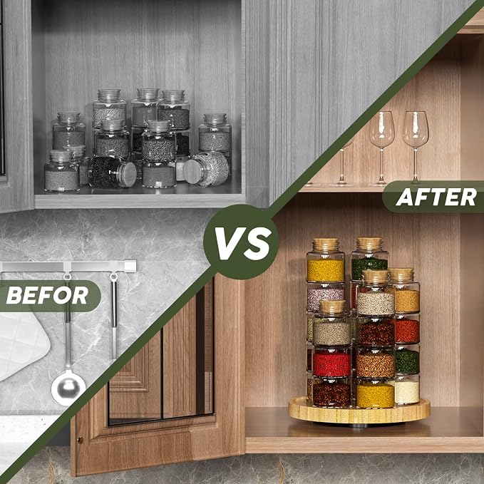 Lazy Susan Organizer, 9 Inch Non-Skid Bamboo Lazy Susan | Table Storage Napkin Holder Vase, Wood Turntable for Kitchen Countertop Organizer