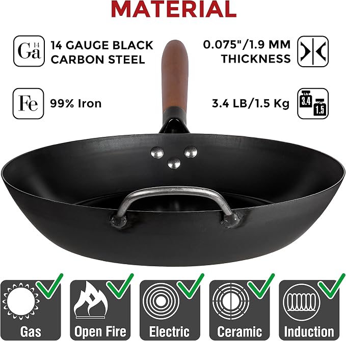 YOSUKATA 11.8" Carbon Steel Frying Pan – Non-Toxic Pre-Seasoned Skillet with Removable Wooden Handle – Coating-Free Wok-Style Pan for Gas, Induction, Electric, Oven & Grill BBQ