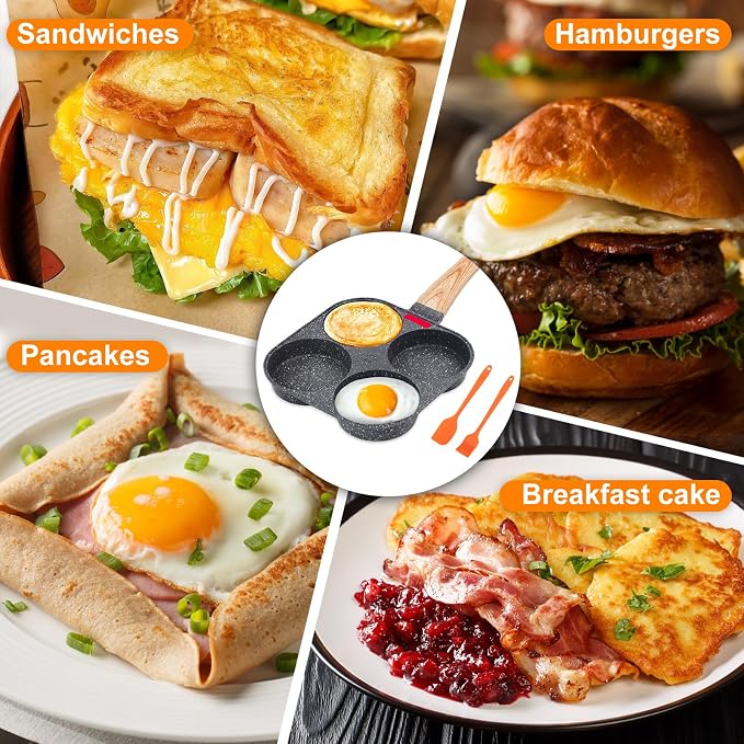 AHFLRITO 4-Cup Egg Pan Nonstick, Healthy Aluminum Omelette Pan, Breakfast Omelette Skillet for Fried Eggs Cooker, Pancakes, Suitable for Gas Stove & Induction Cookware