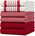 Premium Kitchen Towels 6 Pack 100% Cotton 20"x28" Dish Towels Red Striped | Large Flat & Terry Kitchen Linen Set with Hanging Loops, Highly Absorbent for Washing and Drying Dishes