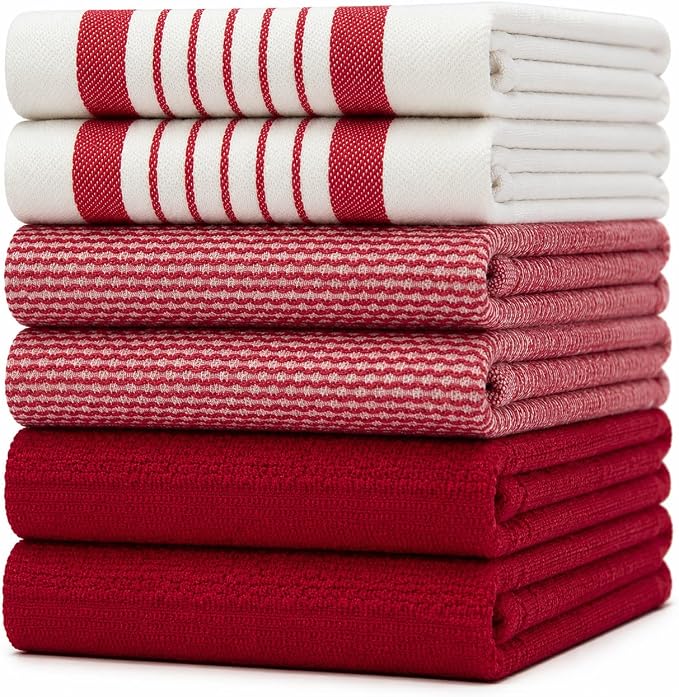 Premium Kitchen Towels 6 Pack 100% Cotton 20"x28" Dish Towels Red Striped | Large Flat & Terry Kitchen Linen Set with Hanging Loops, Highly Absorbent for Washing and Drying Dishes
