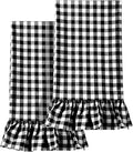 HunnmingRe 2 Pcs Matte Black Gingham Kitchen Towels Cotton Ruffled | Checked Dish Towels 18"x28" Tea Cloths Plaid Cottage Core Kitchen Decor for Farmhouse Charm Drying Dishes Entertaining Guests
