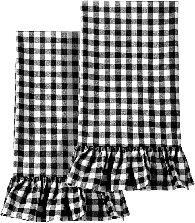 HunnmingRe 2 Pcs Matte Black Gingham Kitchen Towels Cotton Ruffled | Checked Dish Towels 18"x28" Tea Cloths Plaid Cottage Core Kitchen Decor for Farmhouse Charm Drying Dishes Entertaining Guests