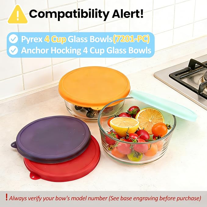 4 Cup Round Silicone Storage Cover Lids Replacement for Anchor Hocking Glass Bowls (Container not Included) 4 Pack
