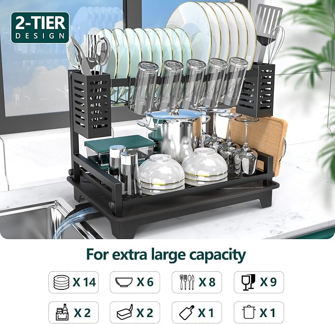 Dish Drying Rack: 2 Tier Dish Racks for Kitchen Counter and Sink | Large Dish Drying Rack with Drainboard & Utensil Holders - Stainless Steel Dish Drainers Kitchen Organization and Storage