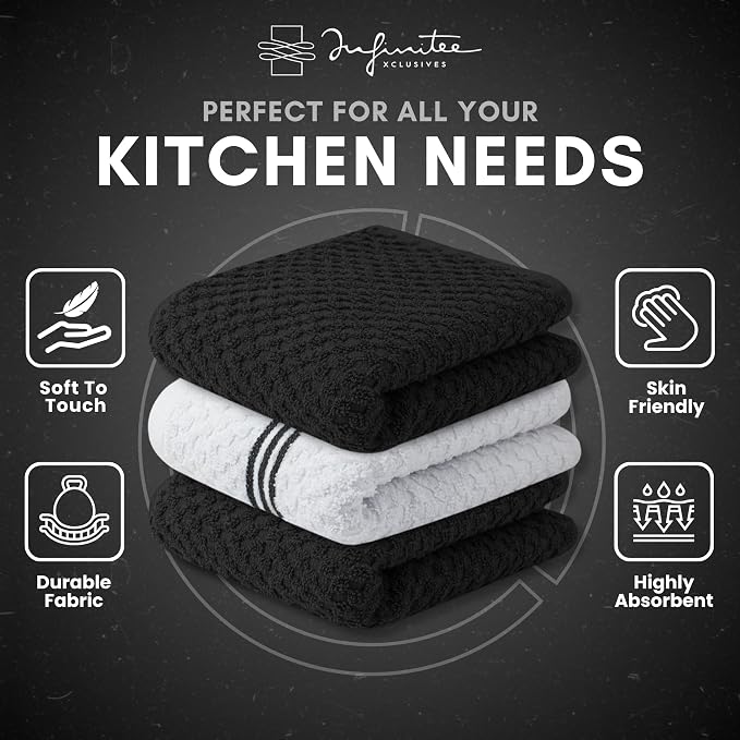 Infinitee Xclusives Kitchen Towels - 3 Pack - Cotton Dish Towel |15" x 25"| | 100% Cotton, Highly Absorbent Tea Towels - Lint Free, Soft, Durable & Quick Dry, Ideal for Drying Dishes & Kitchen Cleaning