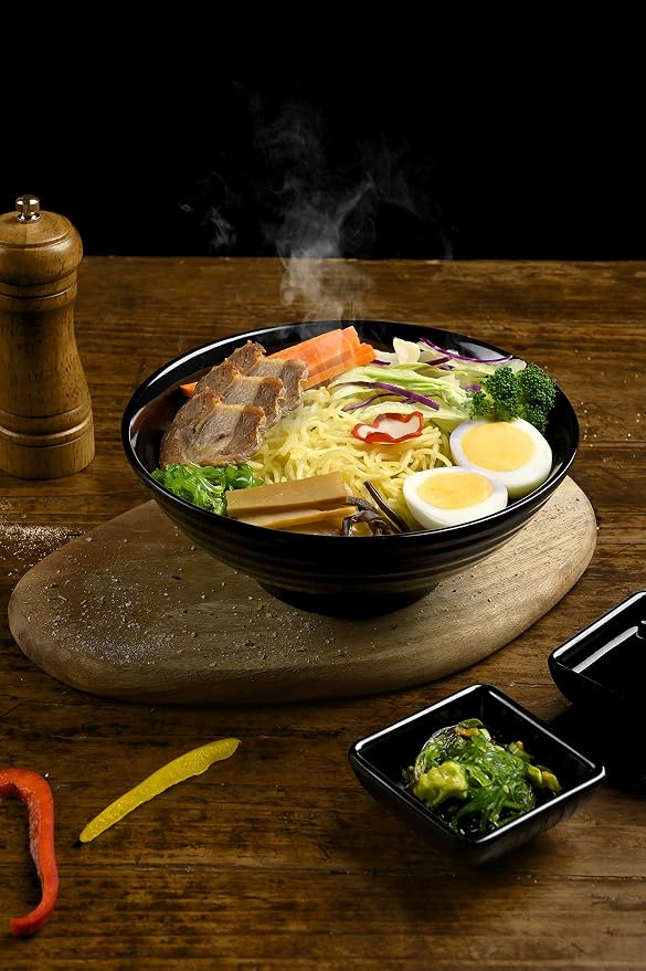 Unbreakable Ramen Bowl Set with Chopsticks and Spoon: 2 large Japanese Style Melamine Ramen Bowls, Dipping Bowls and Chopstick Stands for Asian Pho Soup Thai Miso Udon Wonton (2 Bowl Set, Black)