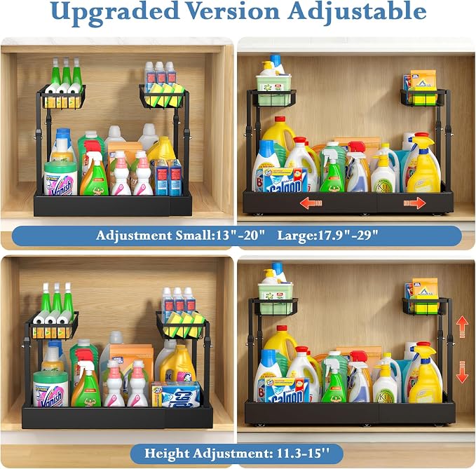 Aisslro Under Sink Organizer, 2 Tier Pull Out Cabinet Organizer, Expandable & Adjustable Slide Out Shelf 17.9''–29.5'', Under Sink Storage for Kitchen Bathroom Laundry Cabinet Storage, Black