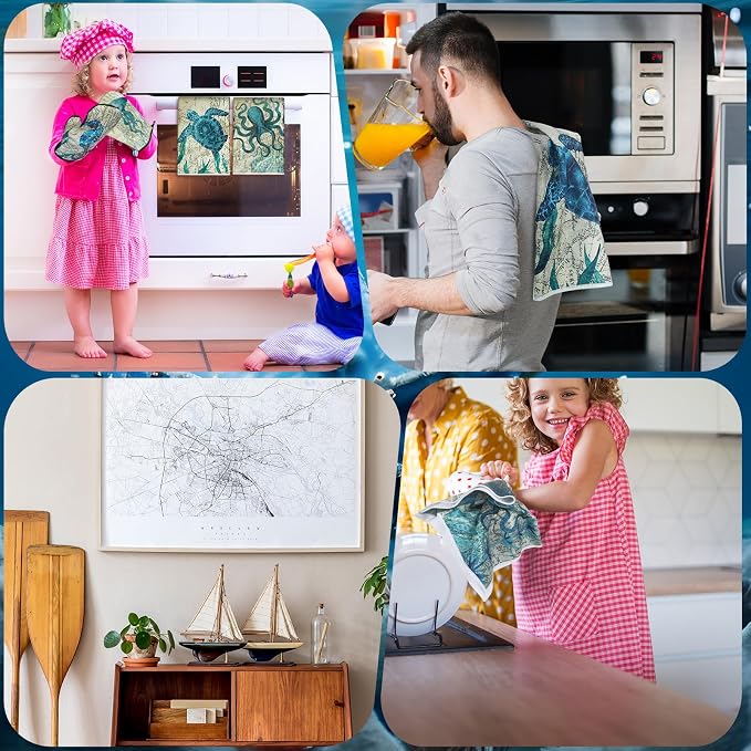 Mindsoft 6 Pcs Ocean Beach Kitchen Towel Oven Mitt Pot Holder Set | Heat Resistant Mitts, Sea Turtle Octopus Starfish Design, Coastal Beach Decor, Absorbent Towels for Cooking, Gift Set