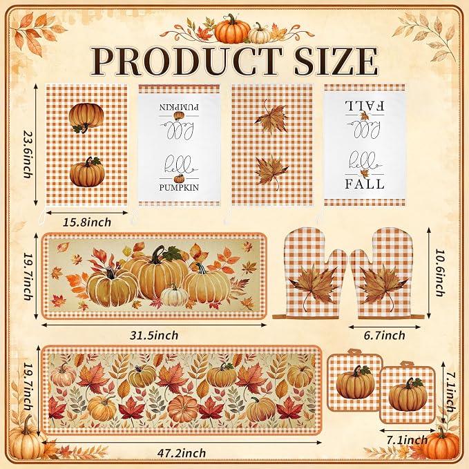 Fanfanwin 10 Pcs Fall Pumpkin Kitchen Decor Set Maple Leaves Kitchen Towels Pot Holders Oven Mitts and Rugs Set for Cooking Baking Gift Harvest Autumn Home Decor