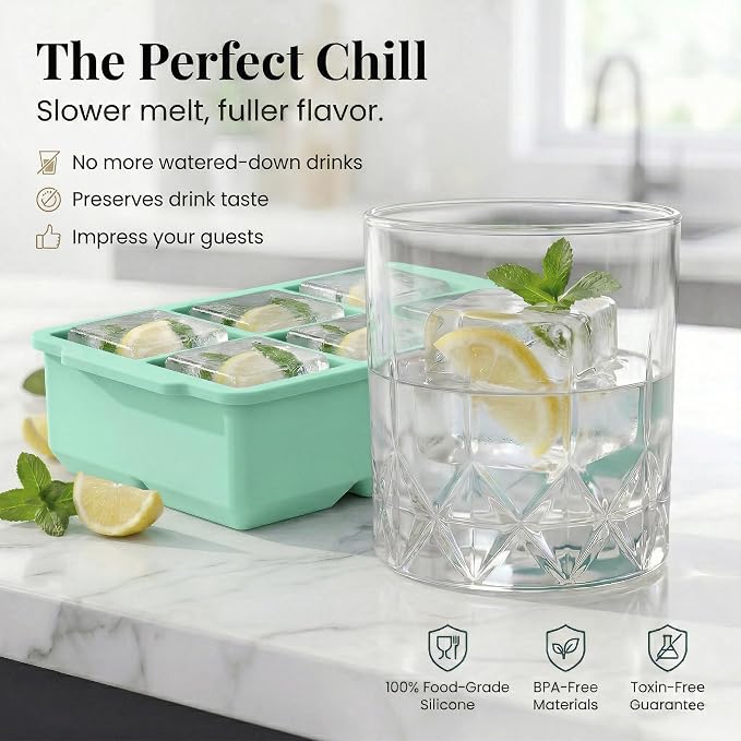 KitchFort® Large Silicone Ice Cube Tray (2-Pack) - 2" Big Ice Mold with Lid | Easy Release, Cocktail, Whiskey Ice Cubes Mold - Food Grade - Ice Cube Trays for Freezer - Stackable Silicone Ice Tray
