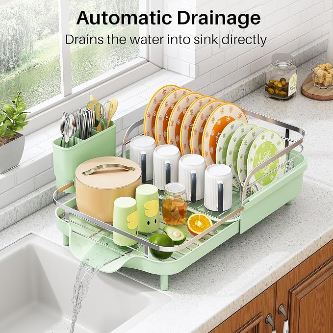 SAYZH Expandable Dish Drying Rack for Small Kitchen Counter, Green | Stainless Steel, Protective Guardrail, Angled Drainboard, Fits High-Rim Sinks, Removable Utensil Holder