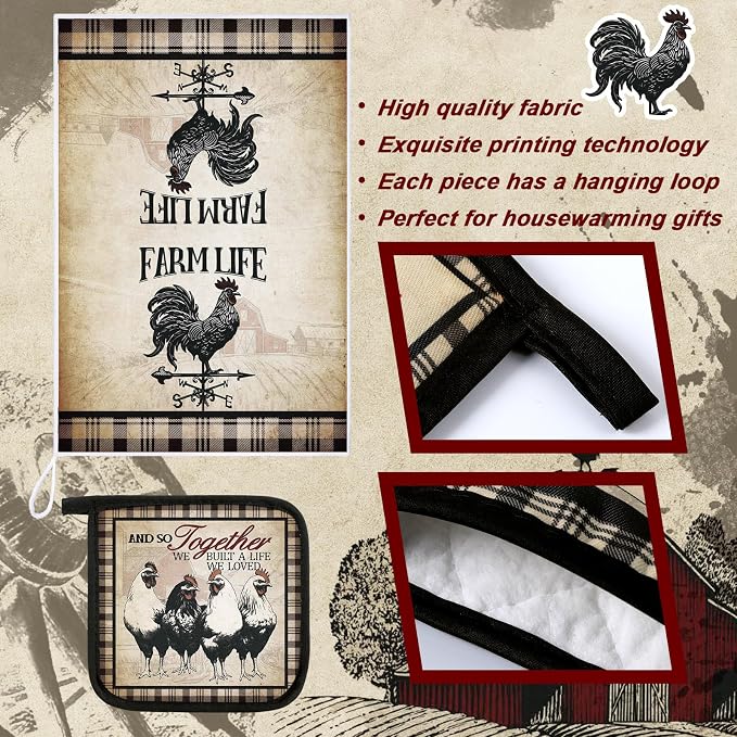 Leinuosen 6 Barn Farm Farmhouse Kitchen Decor Dish Towels Oven Mitts and Pot Holders Sets Chicken Kitchen Towels Absorbent Decorative Accessories for Cooking Baking Grilling