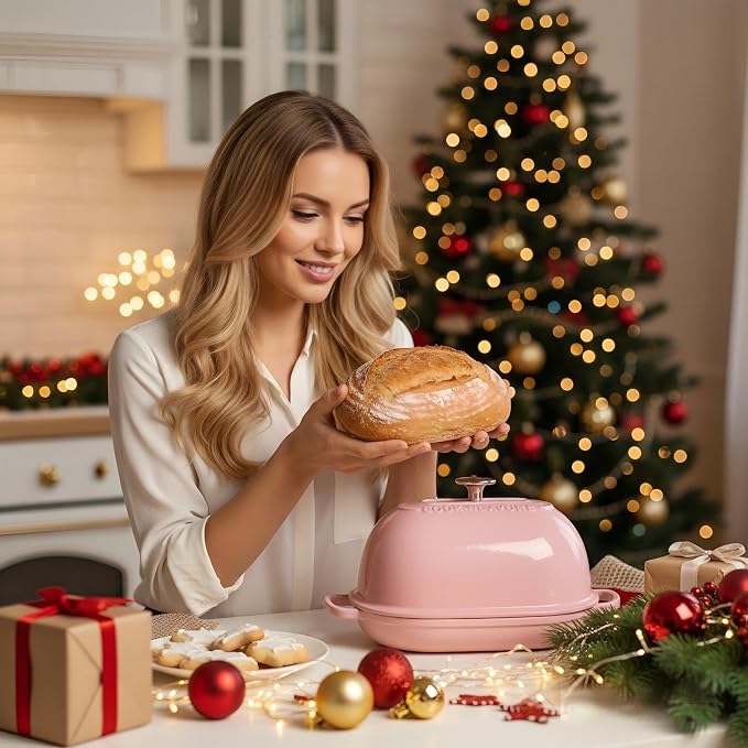 Cast Iron Bread Oven,6 QT Bread Oven,Thick Enameled Loaf Pan with Lid,Bread Pans for Homemade Bread,14.5"Dutch Oven for Bread Baking,Dutch Oven-with Silicone Baking Mat&Recipe,Gifts for Family,Pink
