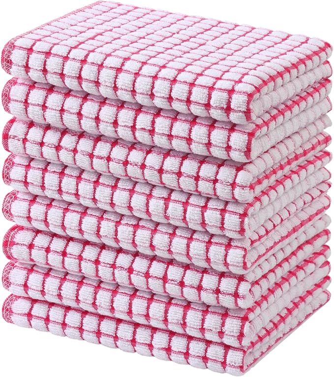 Mordimy Premium Cotton Kitchen Towels 16"x 25", Red Check Design, 8 Pack | Super Absorbent Terry Kitchen Hand Towels, Large Natural Ring Spun 360 GSM Dish Towels, Soft Tea Towels with Hanging Loop
