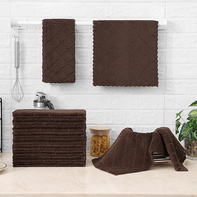 Homaxy 24 Pack Super Soft Absorbent Dish Towels, 10" x 20", Brown | Coral Velvet, Nonstick Oil Fast Drying Microfiber Cleaning Cloth, No Lint Dishcloths for washing and drying