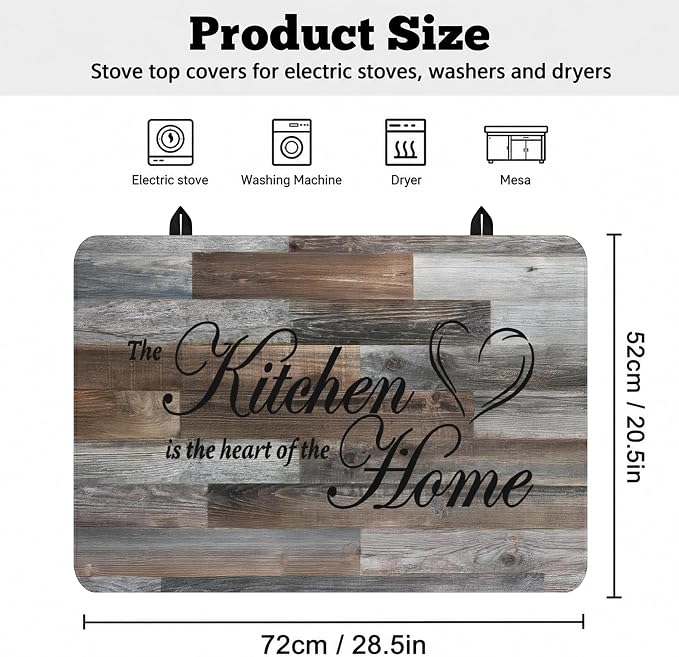 Stove Top Cover for Electric Stove 28"x20" Rubber Stovetop Cover | Heat Resistant Glass Top Stove Cover Protector Mat - Anti-Scratch Dish Drying Mat, Rustic Grey Wood Pattern with 2 Hooks