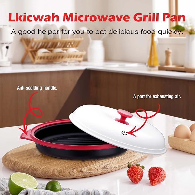 Microwave Grill Pan with Lid, Microwave Bacon Cooker, Microwave Griller & Crisper Pan for Grilling, Frying, Browning and Crisping, Microwave Cookware for Grill Meat, Vegetable, Safe for Family,Dorms
