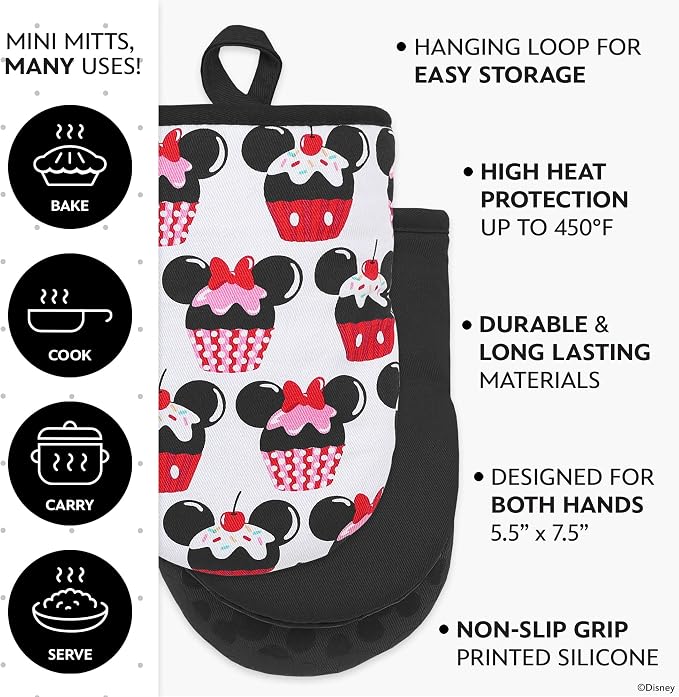 Disney Mickey & Minnie Mini Oven Mitts, 2-Pack, Heat Resistant 450F | Compact 5.5"x7.5" pot holders for kitchen, printed silicone offers non-slip grip, ambidextrous, hand wash or spot clean