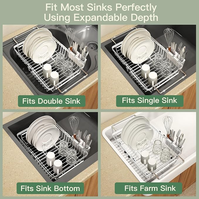 White Dish Drying Rack Over The Sink with Utensil Holder, Mat | Expandable Stainless Steel Dish Drainer for Small Kitchen, Apartment, RV, Counter Space Saving, Perfect Fit, Rustproof