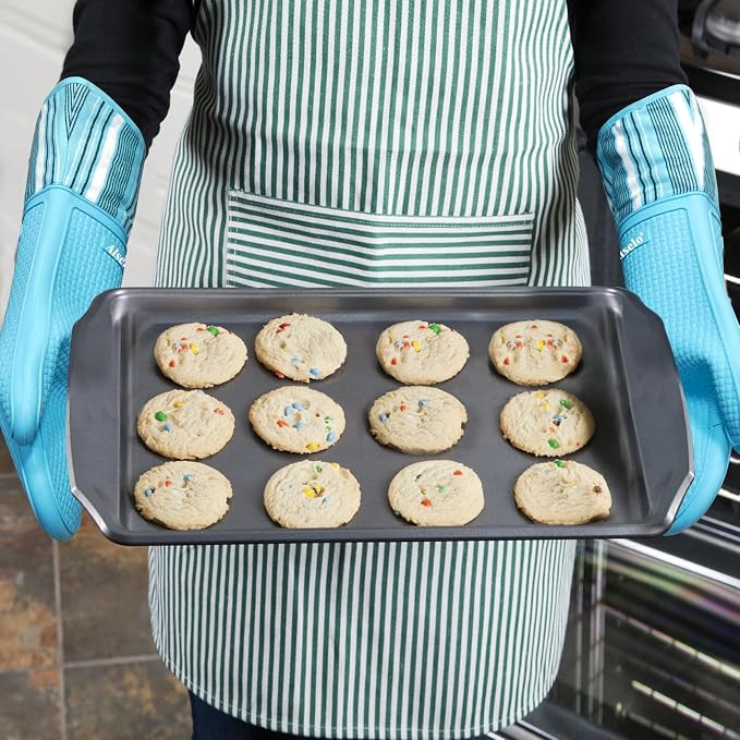 Alselo Silicone Oven Mitts Set, Heat Resistant 550 Degree,7.5"x16" | Extra Long Kitchen Mittens,Waterproof & Non-Silp Oven gloves for Baking Cooking Barbecue Microwave (Extra Long Sapphire, 2)