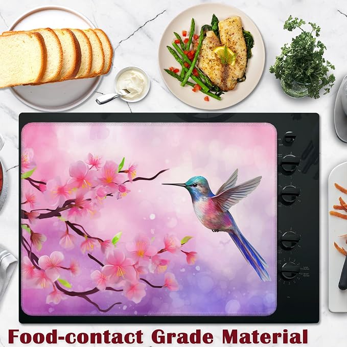 Electric Stove Top Cover Protector,Cherry Blossom Hummingbird Glass Flat Top Stove Mat,Heat-Resistant Oven Induction Cooktop Mat for Ceramic Countertop Mats Dish Drying Mat