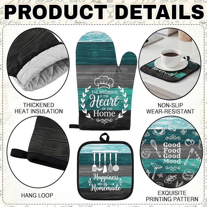 10 Pcs Kitchen Decor and Accessories Set, Teal Turquoise | 4 Dish Towels Kitchen Rugs 2 Oven Mitts 2 Pot Holders, Home Decor for Cooking Baking BBQ Gifts Women Mom Housewarming