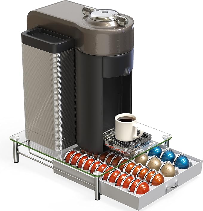 Deco Brothers Tempered Glass Vertuo Pod Holder, Fits 24 Large/48 Small Pods | Compatible with Nespresso Capsule, White