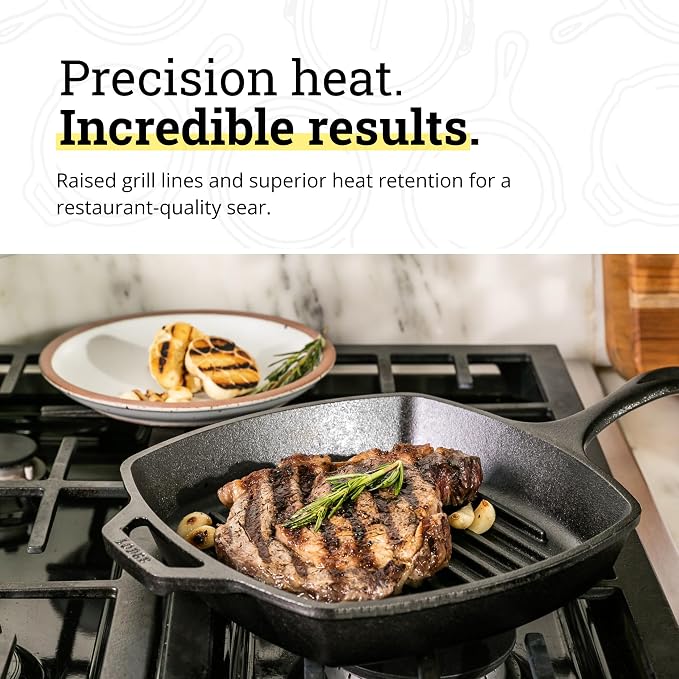 Lodge Square Cast Iron Grill Pan 10.5 Inches - Pre-Seasoned Square Skillet - Ridged Burger Grill Pan - Even Heat Distribution - PFAS-Free Non-Toxic Cookware