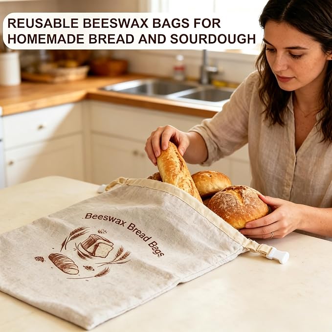 Beeswax Bread Bags 2 Pack, XL 13x17 In, Keep Homemade Sourdough Fresh | WSYDKNS Keep sourdough fresh longer, reusable linen cotton, beeswax lining, easy cold water wash, fit homemade loaf