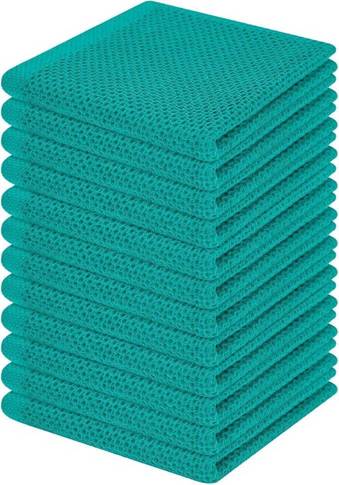 Homaxy 100% Cotton Waffle Weave Kitchen Dish Cloths 12-Pack, Teal | 12 x 12 Inches, Ultra Soft Absorbent Dish Towels, Quick Drying Dish Rags with Hanging Loop