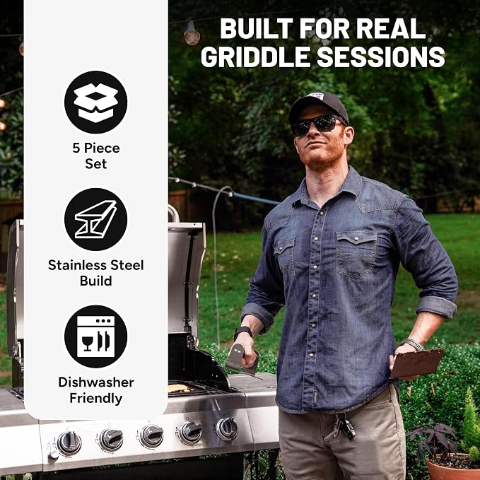 Sasquash Burger Press Kit, Smash Burger Set, Stainless Steel, 5 Piece | Includes Melting Dome, Turner, And Two Squirt Bottles, Complete Griddle And Grill Cooking Bundle Package, Cookout Gatherings