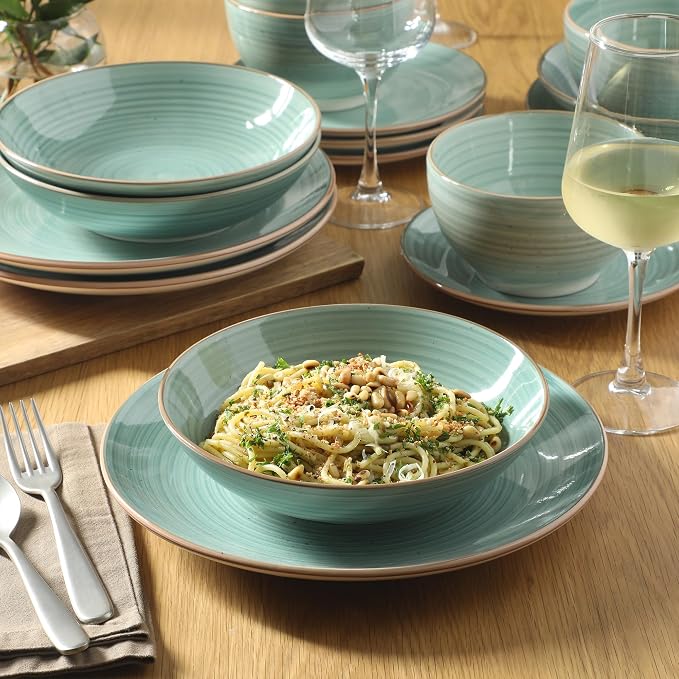 Gibson Home Stonebury 16 Piece Plates and Bowls Teal Dishes - Handpainted Stoneware Dinnerware Set - Service for 4
