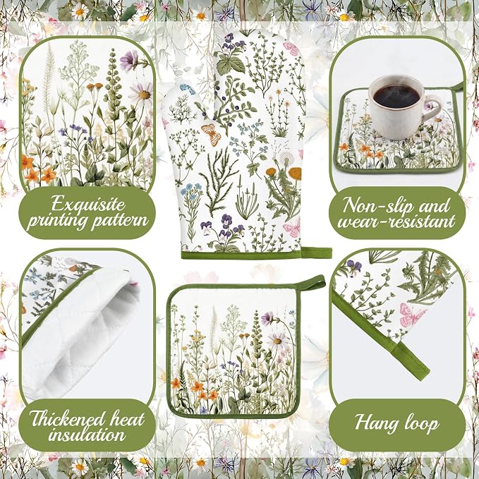 Fourluoo 16 Pcs Wildflower Floral Kitchen Decor Set Spring Kitchen Towels and Dishcloth Non Slip Rug Floor Mat Farmhouse Flower Oven Mitts and Pot Holder Retro Curtain Set for Home Decoration Gift