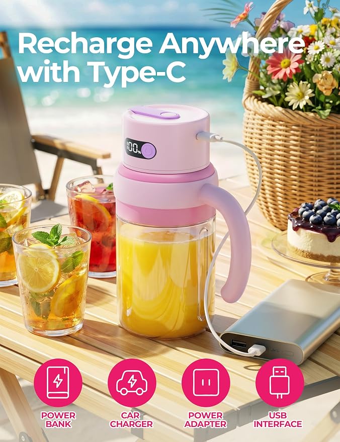 Portable Juicer Blender Cup, USB-C Rechargeable, Pink | LED display, cordless use and dual lids for fruit drinks, protein shakes and small ice cubes; 500ml max blending.