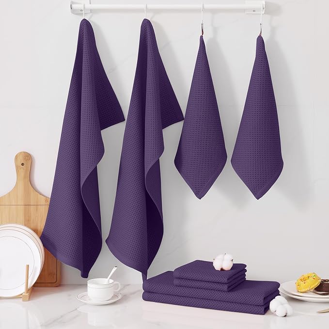 Homaxy 8 Pack 100% Cotton Kitchen Towels and Dishcloths Set, Eggplant | 12 x 12 Inches and 13 x 28 Inches Kitchen Towels Set, Ultra Soft Absorbent Dish Cloths for Washing Dishes