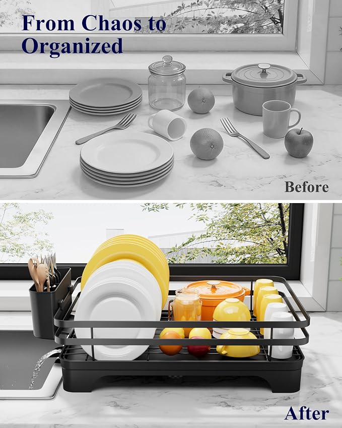 Kitsure Multi-Functional Dish Drying Rack, 15.7" x 12.0" x 5.5", Black | Dish Rack for Kitchen Counter with Cutlery Holder, Rust-Proof Drying Rack Kitchen, Kitchen Sink Organization