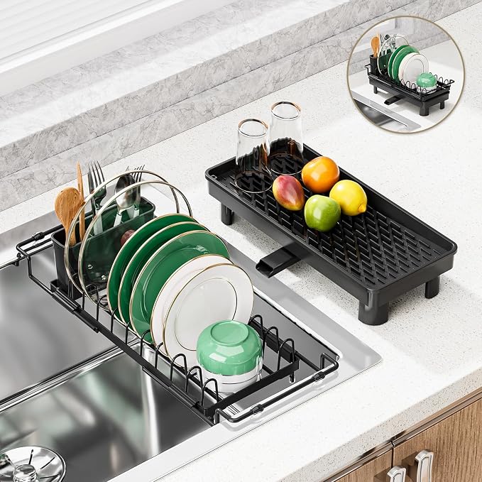 Expandable Over Sink Dish Rack, Small Dish Drying Rack with Drip Tray | Anti-Scratch Base, Space Saving Design for Kitchen Counter