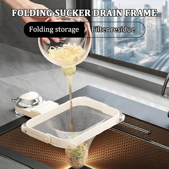Foldable Kitchen Sink Strainer with Filter Mesh Bags, Food Waste Filter Basket, Suction Cup Folding Washing Vegetables and Fruits Drying Bag Holder (White)