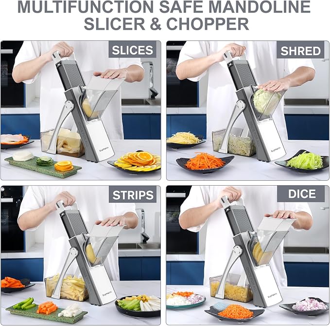 SupMaKin Safe Mandoline Slicer Plus for Kitchen Adjustable Vegetable Slicer | 0.1-8mm, Cut Resistant Stainless Steel Blades,Potato Fry Cutter, Onion Chopper, Detachable,Foldable Dishwasher Safe, Gifts