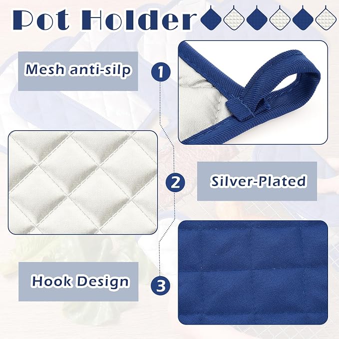 Bokon 24 Pcs Pot Holders for Kitchen, Blue Potholders Sets, Heat Resistant Cotton Hot Pad Oven Mitts Trivet with Hanging Loops for Baking Cooking