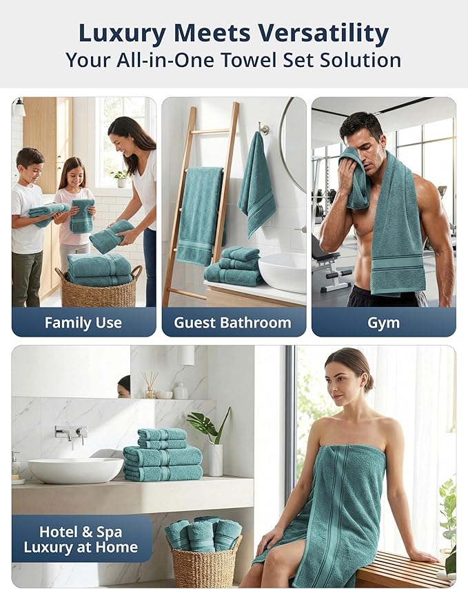 LANE LINEN Bath Towel Set Absorbent Quick Dry 100% Cotton 18 Piece - Teal | Cotton Towels For Bathroom - OEKO-TEX Certified, Zero-Twist Durability, Terry Weave Comfort