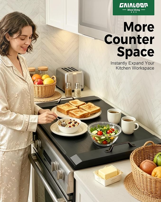 Gaialoop Noodle Board Stove Cover for Glass Electric Stovetop with Handles | Black Acacia wood stovetop cover adds counter space, elevates your kitchen, and protects most 30" glass top electric stoves