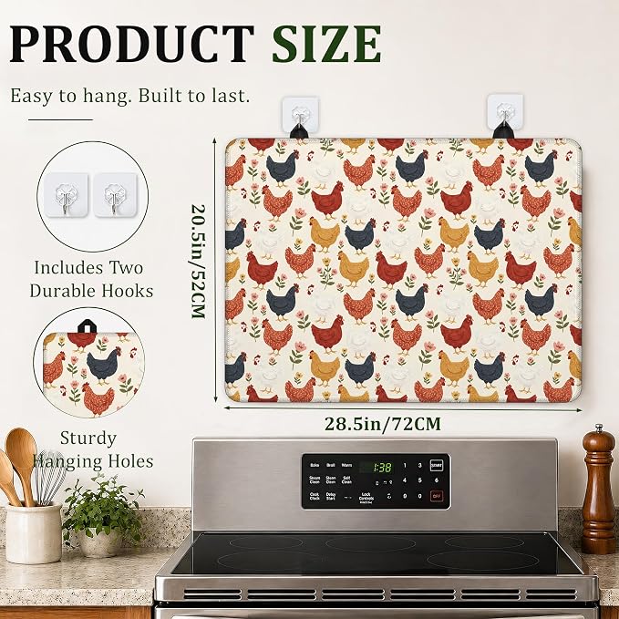 Cute Roosters Chicken Hens Stove Top Covers for Electric Stove,Plants Electric Gas Stove Pad Heat Resistant Range Cooktop Protector for Home Decor Kitchen 28.5"x20.5"