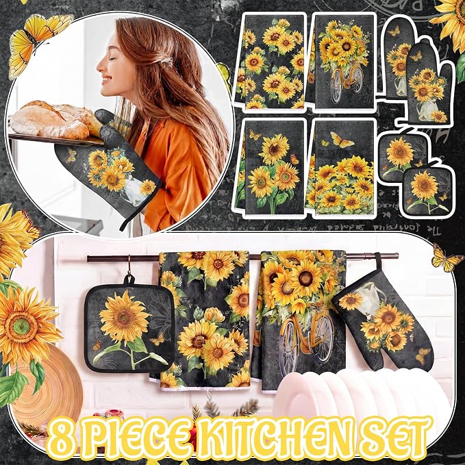Leinuosen 8 Pcs Black Sunflower Kitchen Towels and Dishcloths Sets Pot Holders and Oven Mitts Sets Absorbent Kitchen Gloves Potholders Heat Resistant for Chef Baking Cooking