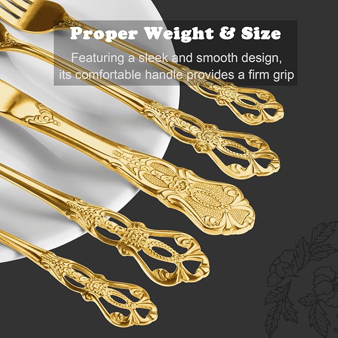 Runfly Gorgeous Retro Royal Gold Stainless Steel 48-Piece Flatware Set | Silverware Set for 8, Anti-rust Cutlery Set Utensils Kitchen Including Fork Spoon and Knife