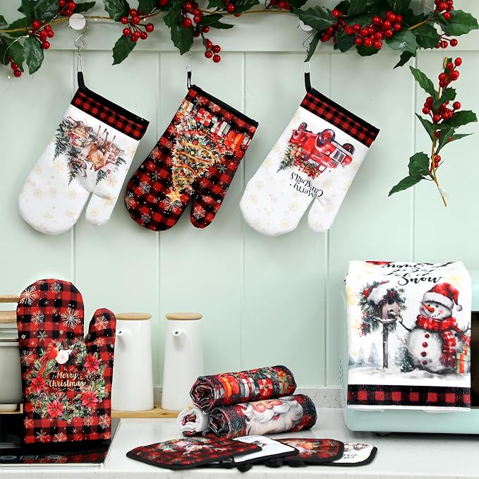 SiliFine 12 Pcs Christmas Kitchen Accessories Set Xmas Buffalo Plaid Pot Holders Santa Claus Oven Mitts Xmas Reindeer Gnome Kitchen Towels for Christmas Home Decorations, Cooking Baking Holiday Gifts